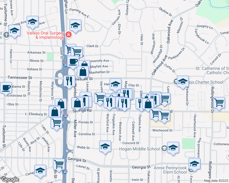 map of restaurants, bars, coffee shops, grocery stores, and more near 770 Tregaskis Avenue in Vallejo