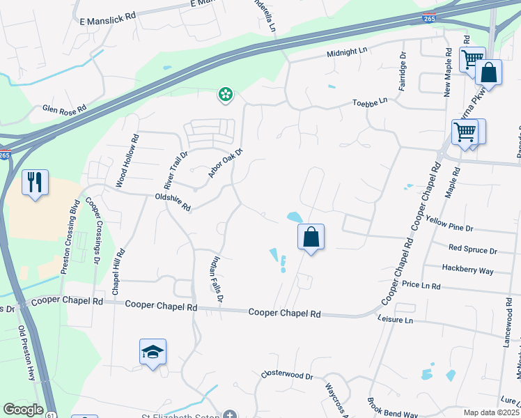 map of restaurants, bars, coffee shops, grocery stores, and more near 9412 River Trail Drive in Louisville