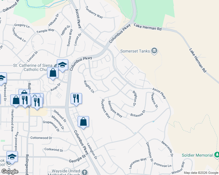 map of restaurants, bars, coffee shops, grocery stores, and more near 785 Knights Circle in Vallejo