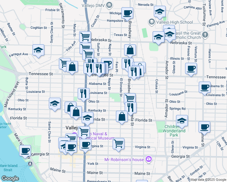 map of restaurants, bars, coffee shops, grocery stores, and more near 1319 Napa Street in Vallejo