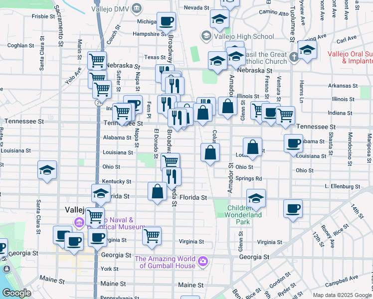 map of restaurants, bars, coffee shops, grocery stores, and more near 1158 Louisiana Street in Vallejo