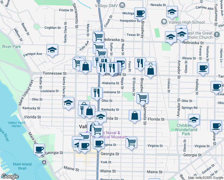 map of restaurants, bars, coffee shops, grocery stores, and more near 1422 Sutter Street in Vallejo