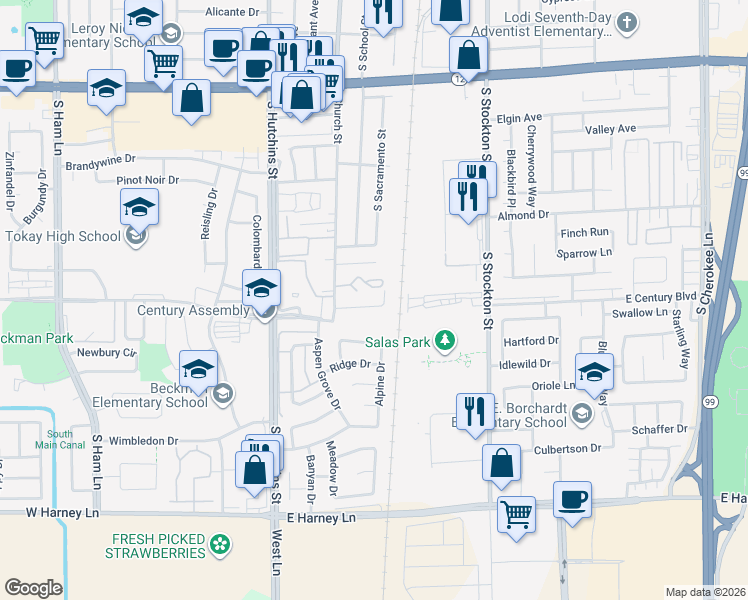 map of restaurants, bars, coffee shops, grocery stores, and more near 146 Adobe Court in Lodi