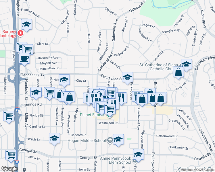 map of restaurants, bars, coffee shops, grocery stores, and more near 2711 Tennessee Street in Vallejo