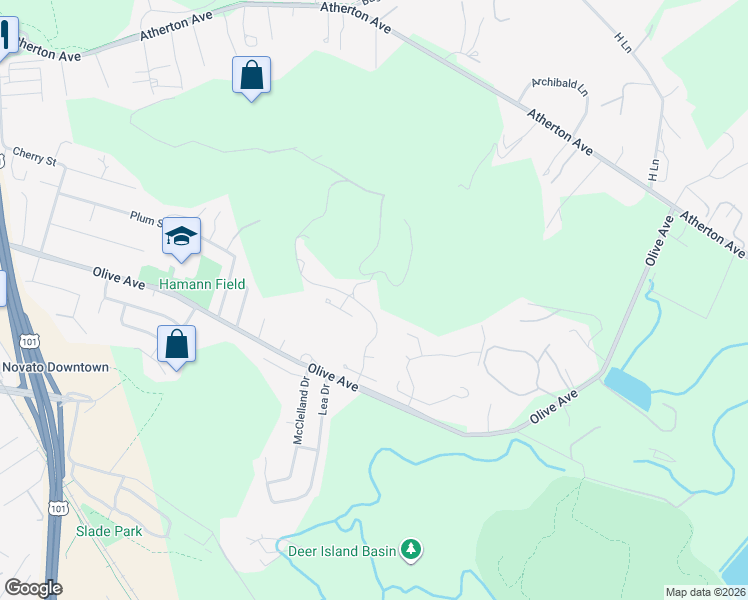 map of restaurants, bars, coffee shops, grocery stores, and more near 2 Cross Creek Way in Novato