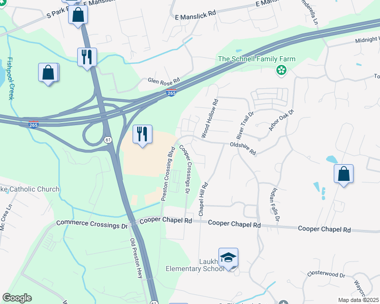 map of restaurants, bars, coffee shops, grocery stores, and more near 9606 Preston Spring Drive in Louisville