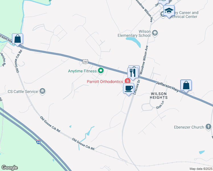 map of restaurants, bars, coffee shops, grocery stores, and more near 45 Bobby's Way in Fishersville