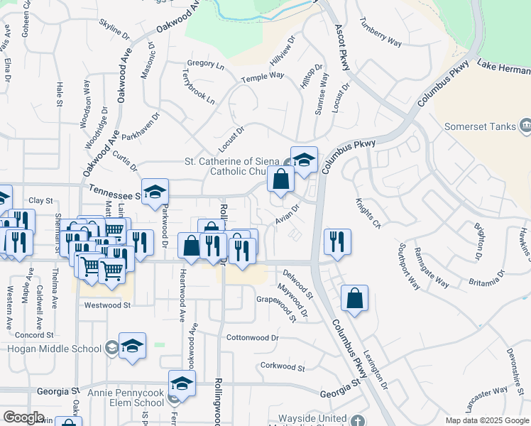 map of restaurants, bars, coffee shops, grocery stores, and more near 134 Nashville Lane in Vallejo