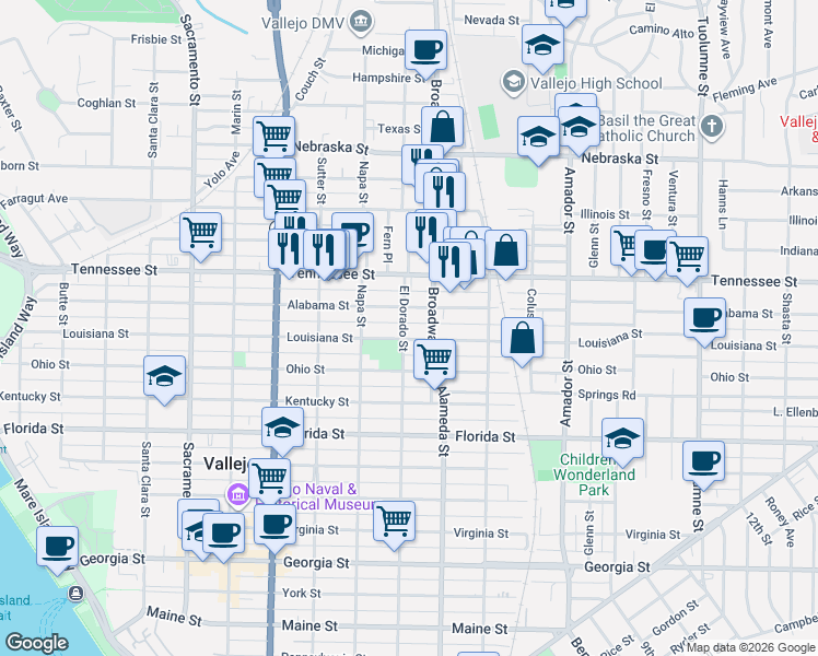 map of restaurants, bars, coffee shops, grocery stores, and more near 848 Alabama Street in Vallejo