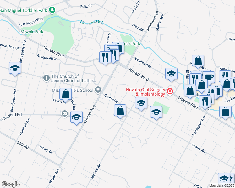 map of restaurants, bars, coffee shops, grocery stores, and more near 836 Wilmac Avenue in Novato