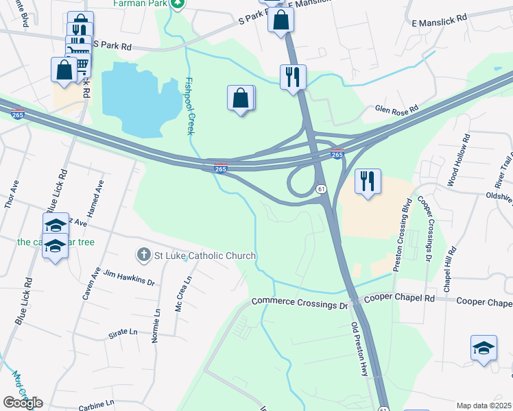 map of restaurants, bars, coffee shops, grocery stores, and more near Gene Snyder Freeway in Louisville