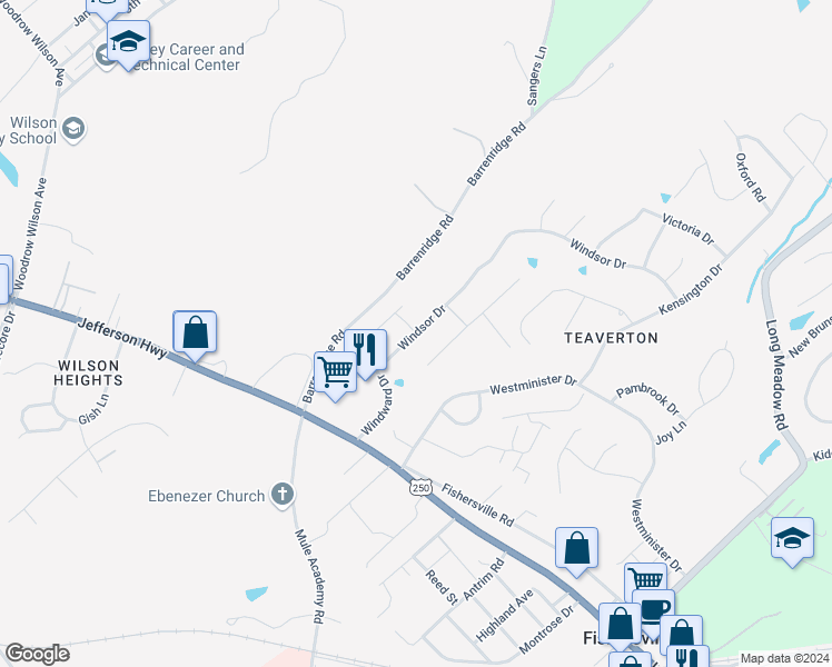 map of restaurants, bars, coffee shops, grocery stores, and more near 259 Windsor Drive in Fishersville