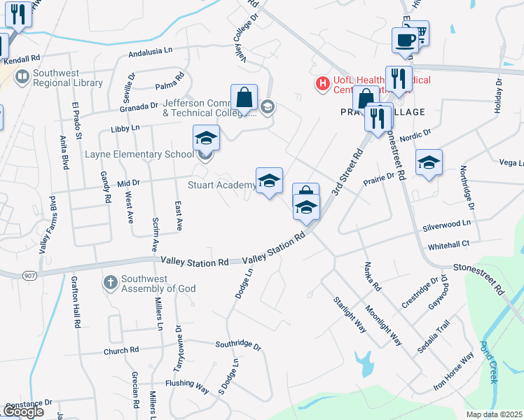 map of restaurants, bars, coffee shops, grocery stores, and more near 4601 Valley Station Road in Louisville