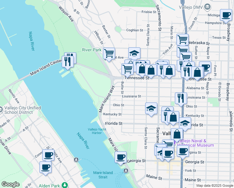 map of restaurants, bars, coffee shops, grocery stores, and more near 29 Alabama Street in Vallejo
