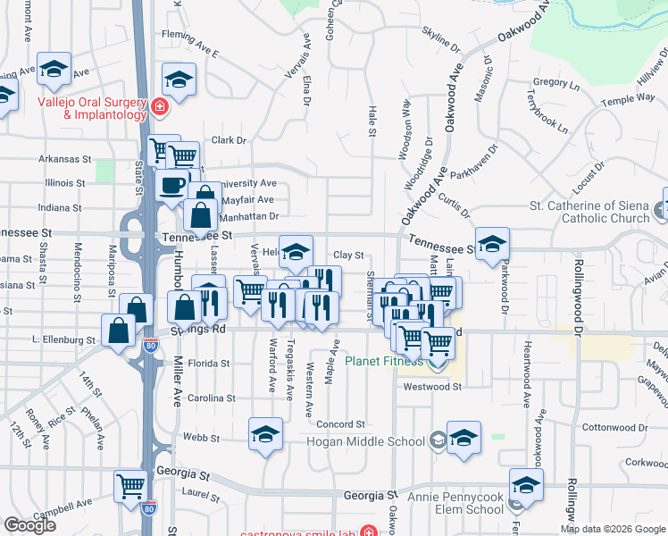 map of restaurants, bars, coffee shops, grocery stores, and more near 1181 Maple Avenue in Vallejo