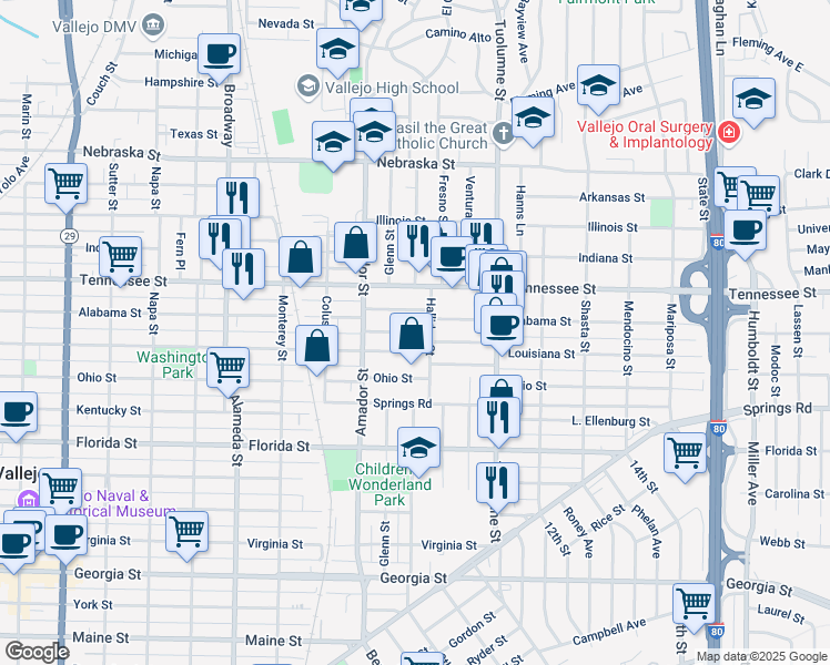 map of restaurants, bars, coffee shops, grocery stores, and more near 142 Morningside Avenue in Vallejo