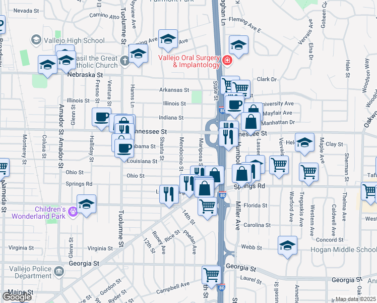 map of restaurants, bars, coffee shops, grocery stores, and more near 1832 Alabama Street in Vallejo