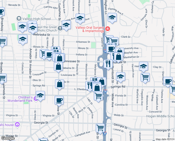 map of restaurants, bars, coffee shops, grocery stores, and more near 1738 Alabama Street in Vallejo