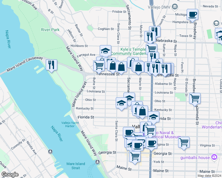 map of restaurants, bars, coffee shops, grocery stores, and more near 225 Alabama Street in Vallejo