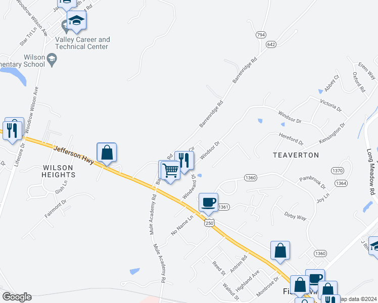 map of restaurants, bars, coffee shops, grocery stores, and more near 50 Windgate Circle in Fishersville