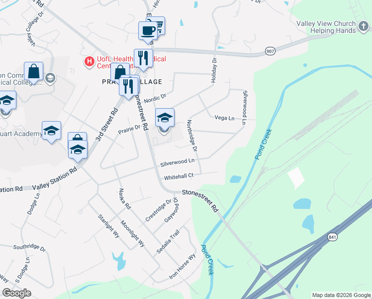 map of restaurants, bars, coffee shops, grocery stores, and more near 10007 Northridge Court in Louisville