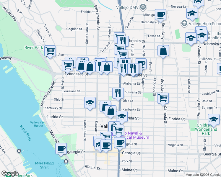 map of restaurants, bars, coffee shops, grocery stores, and more near 1312 Marin Street in Vallejo