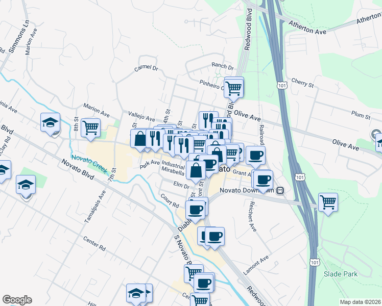 map of restaurants, bars, coffee shops, grocery stores, and more near 1025 2nd Street in Novato