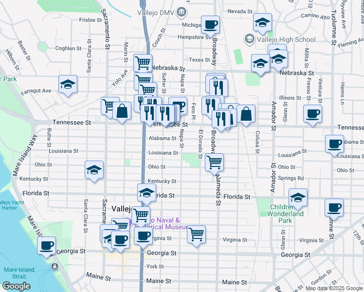 map of restaurants, bars, coffee shops, grocery stores, and more near Napa Street in Vallejo