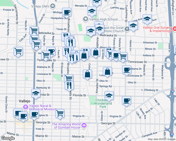 map of restaurants, bars, coffee shops, grocery stores, and more near 1015 Colusa Street in Vallejo