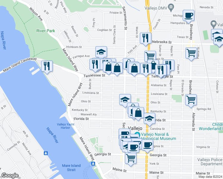map of restaurants, bars, coffee shops, grocery stores, and more near 1115 Santa Clara Street in Vallejo