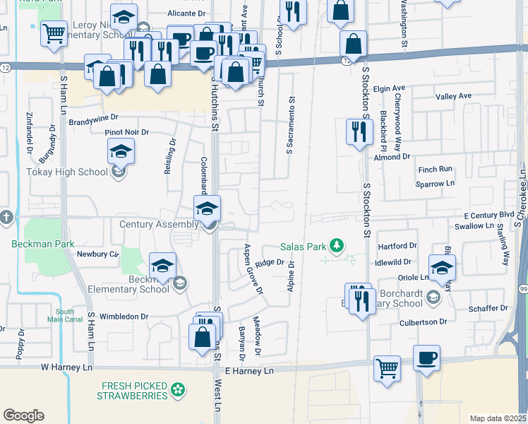 map of restaurants, bars, coffee shops, grocery stores, and more near 1905 Church Street in Lodi