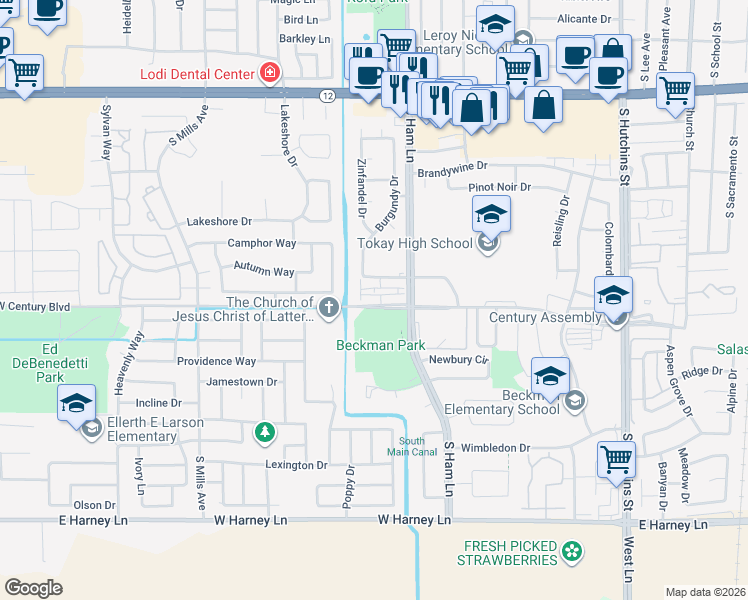 map of restaurants, bars, coffee shops, grocery stores, and more near 1427 Chablis Drive in Lodi