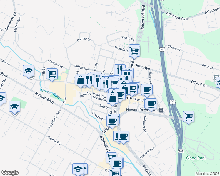 map of restaurants, bars, coffee shops, grocery stores, and more near 1025 2nd Street in Novato