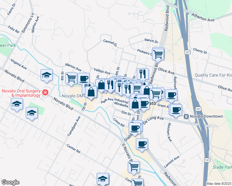 map of restaurants, bars, coffee shops, grocery stores, and more near 1320 Grant Avenue in Novato