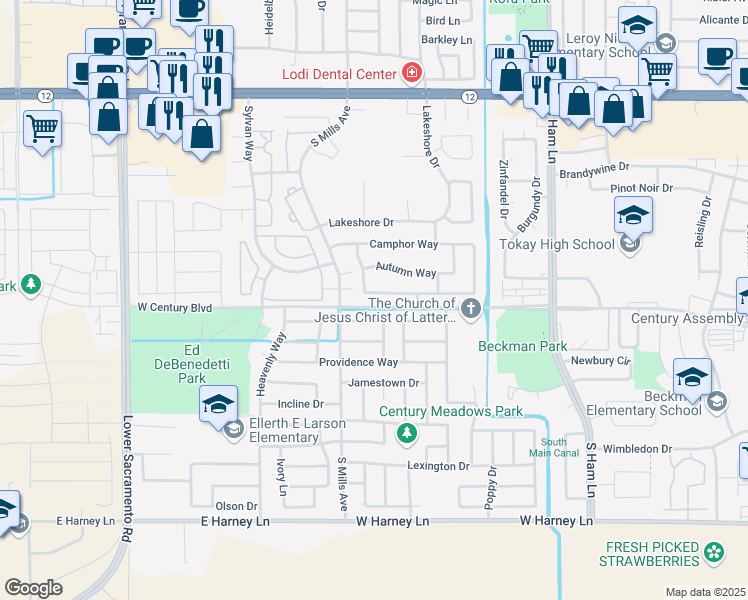map of restaurants, bars, coffee shops, grocery stores, and more near 1818 Amber Leaf Way in Lodi