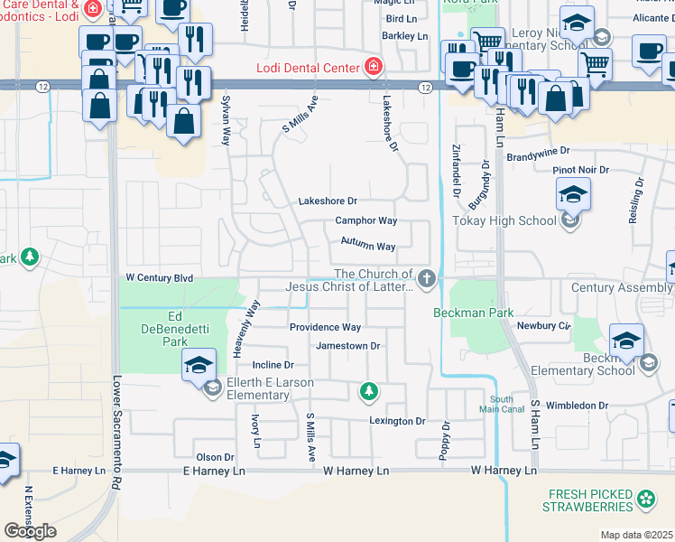 map of restaurants, bars, coffee shops, grocery stores, and more near 1818 Amber Leaf Way in Lodi
