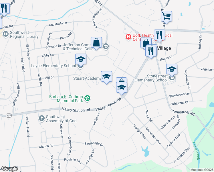 map of restaurants, bars, coffee shops, grocery stores, and more near 4601 Valley Station Road in Louisville