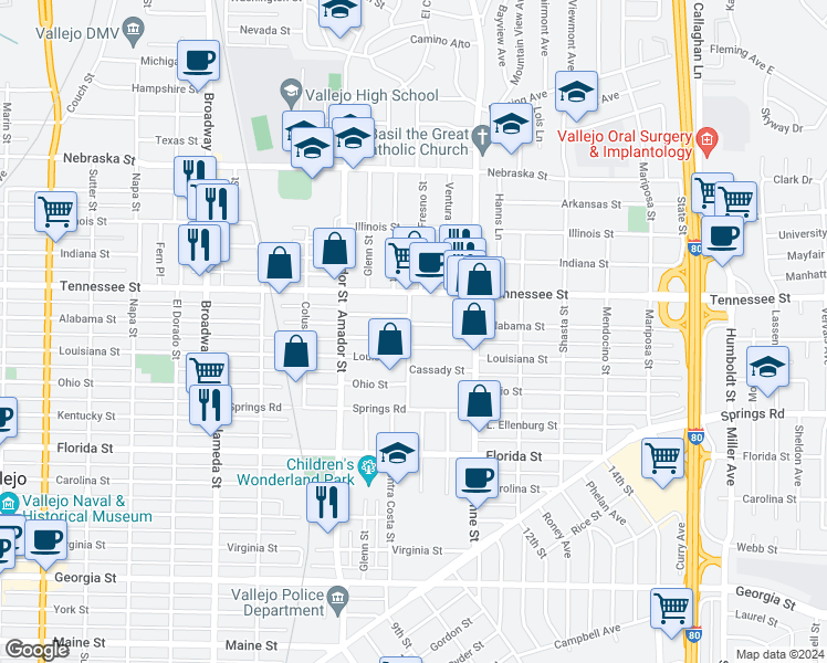 map of restaurants, bars, coffee shops, grocery stores, and more near 1333 Alabama Street in Vallejo