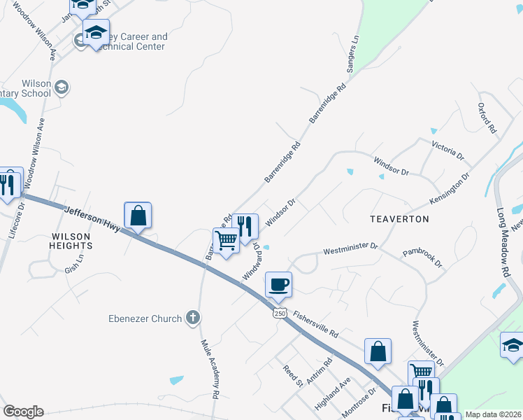map of restaurants, bars, coffee shops, grocery stores, and more near 63 Windgate Circle in Fishersville