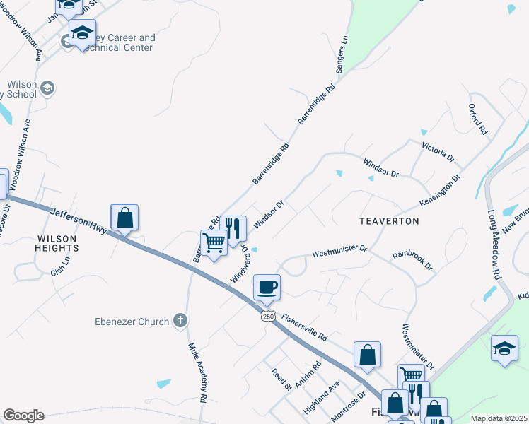 map of restaurants, bars, coffee shops, grocery stores, and more near 271 Windsor Drive in Fishersville