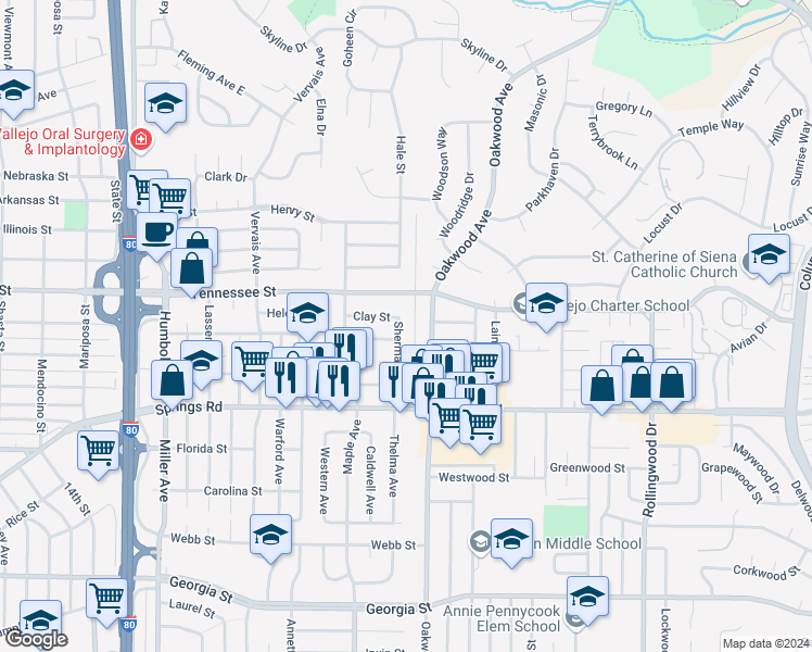 map of restaurants, bars, coffee shops, grocery stores, and more near 1168 Sherman Street in Vallejo