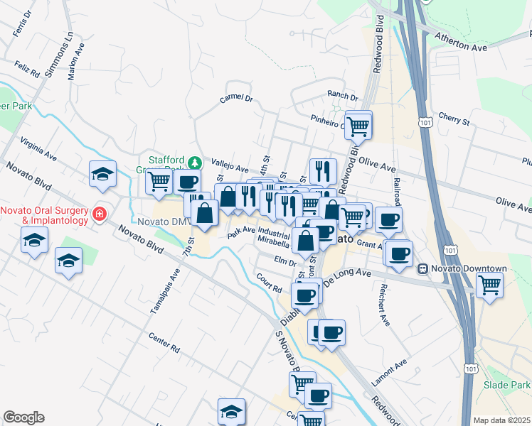 map of restaurants, bars, coffee shops, grocery stores, and more near 1320 Grant Avenue in Novato