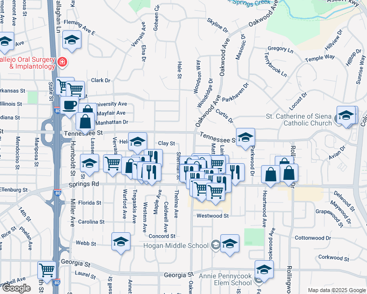 map of restaurants, bars, coffee shops, grocery stores, and more near 1168 Sherman Street in Vallejo
