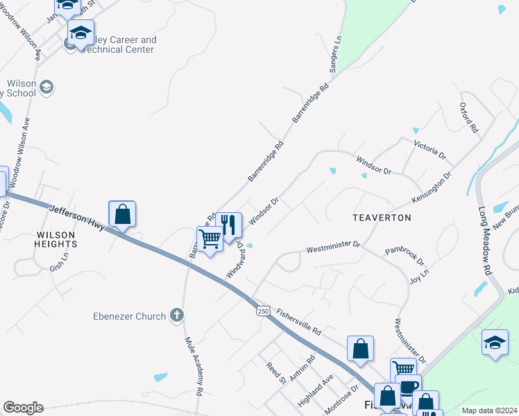map of restaurants, bars, coffee shops, grocery stores, and more near 271 Windsor Drive in Fishersville