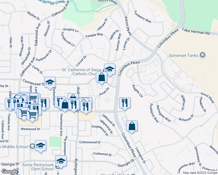 map of restaurants, bars, coffee shops, grocery stores, and more near 3469 Tennessee Street in Vallejo
