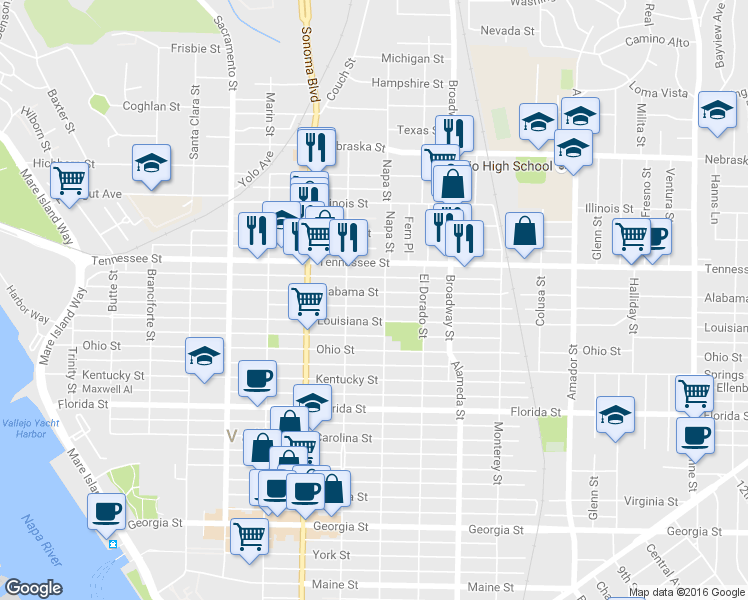 map of restaurants, bars, coffee shops, grocery stores, and more near 744 Alabama Street in Vallejo