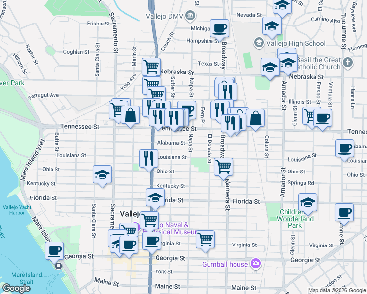 map of restaurants, bars, coffee shops, grocery stores, and more near 744 Alabama Street in Vallejo