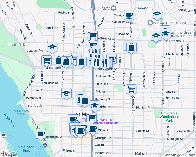 map of restaurants, bars, coffee shops, grocery stores, and more near 609 Alabama Street in Vallejo