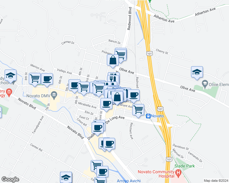 map of restaurants, bars, coffee shops, grocery stores, and more near 7416 Redwood Boulevard in Novato