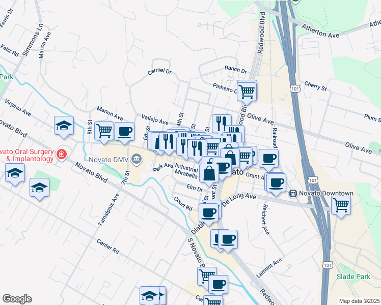map of restaurants, bars, coffee shops, grocery stores, and more near 1025 2nd Street in Novato